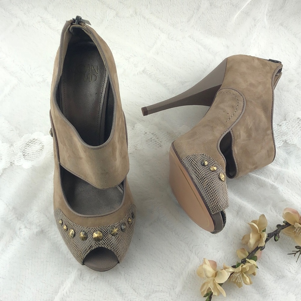 Joan and David Suede Grey Leather Ankle Booties